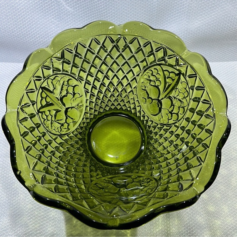 Vintage Fenton 10” Avocado Green Glass Fruit Bowl Diamond & Fruit Footed Bowl